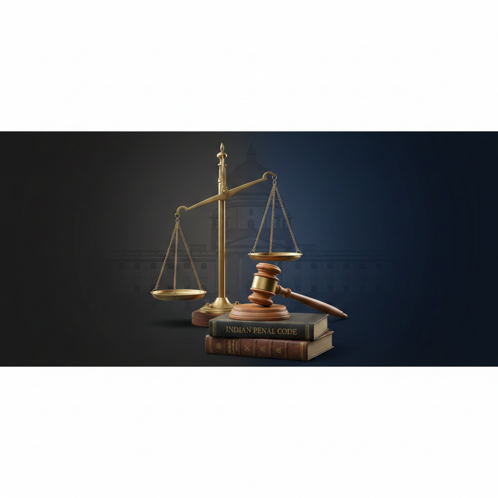 Illustration showing scales of justice, gavel, and law books symbolizing legal defense for individuals falsely accused of a crime in India