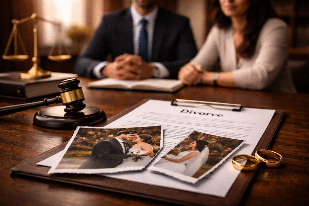 Couple consulting a lawyer with divorce papers, torn wedding photos, rings, and judge gavel symbolizing matrimonial dispute and legal separation in India