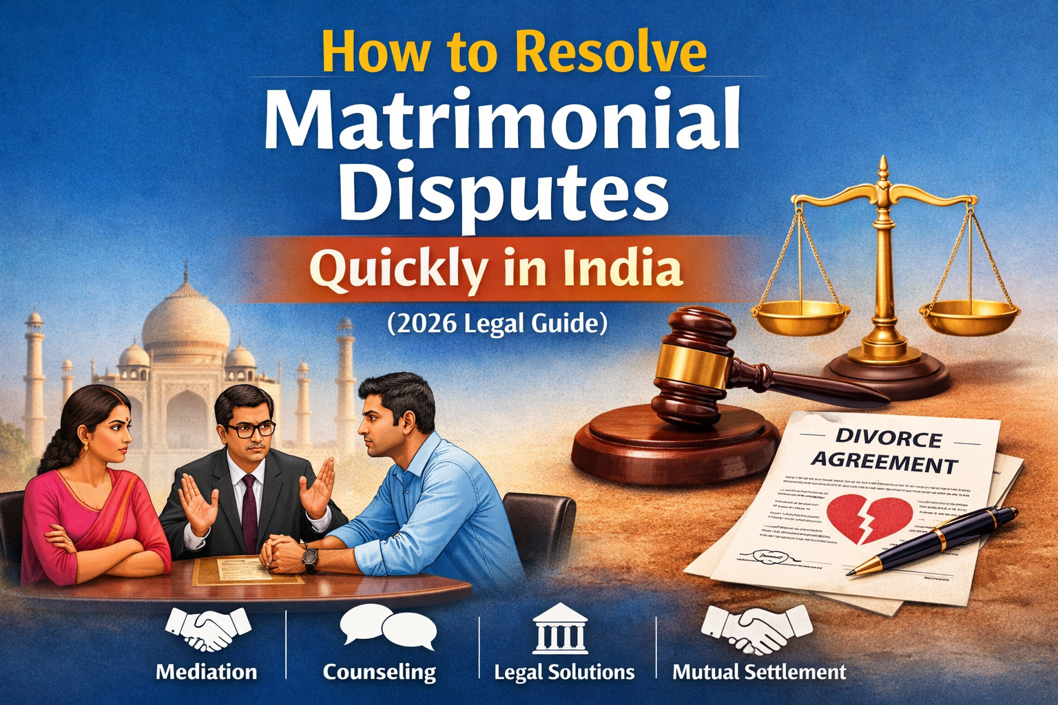 Illustration of an Indian couple in a legal consultation with a mediator, alongside a judge’s gavel, scales of justice, and divorce agreement document, representing quick resolution of matrimonial disputes in India (2026 legal guide).